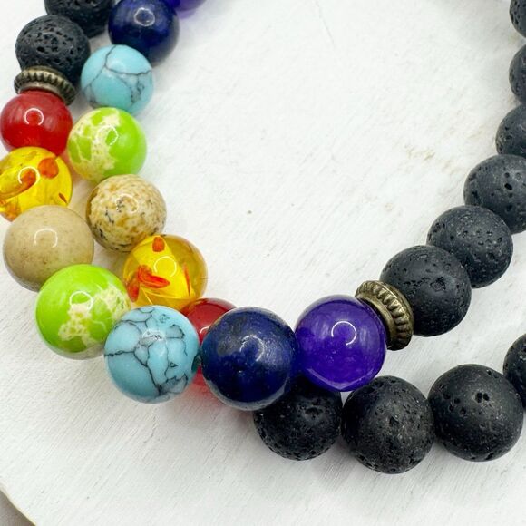2 Lava Rock Diffuser Stretch Bracelets With Rainbow Stone Glass Beads Chakra - Picture 6 of 7